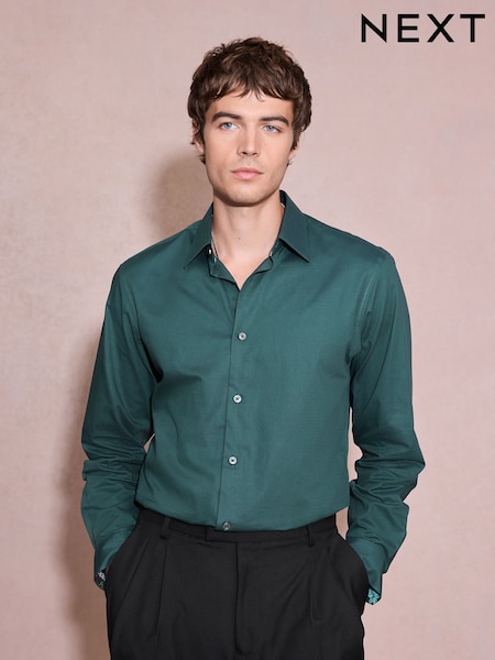 Green - Slim Fit Cotton Textured Slim Long Sleeve Formal Shirt With Trim