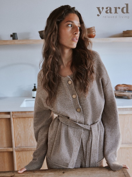 Oatmeal - Yard Oatmeal Belted Wool Blend Knitted Lounge Cardigan