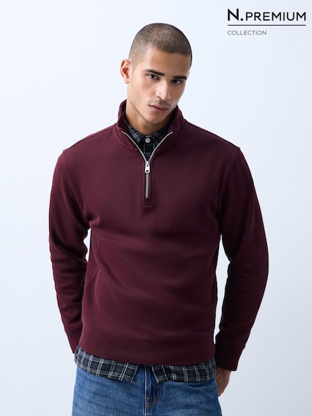 Burgundy Red - Regular N.premium Smart Rib Textured Quarter Zip Sweat Top