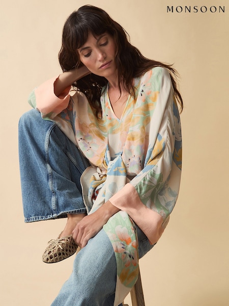 Monsoon Cream Clemence Amelie Tie Front Floral Top (Y36912) | £100