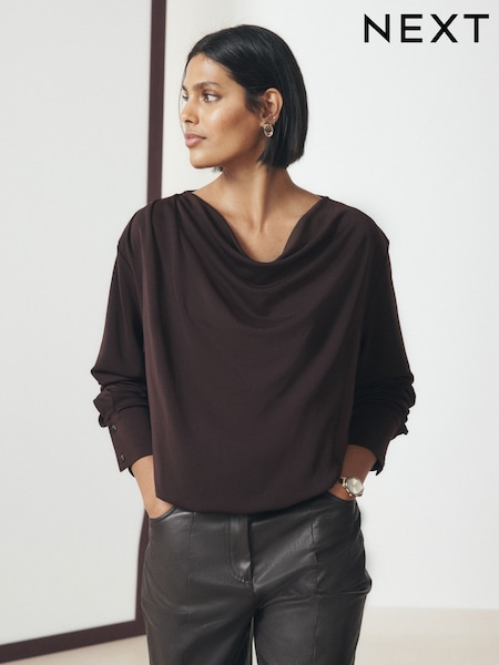 Wine - Long Sleeved Drape Bubblehem Top