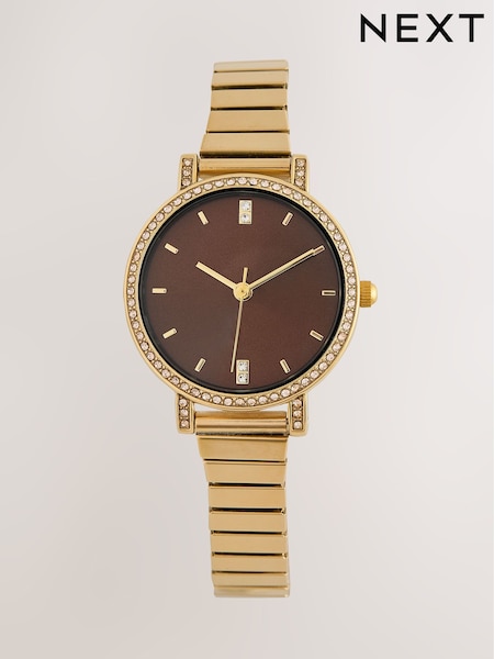 Gold Tone/Chocolate Brown - Sparkle Round Expander Bracelet Watch