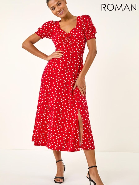 Roman Red Spot Print Sweetheart Neck Midi Dress (Y36970) | £52