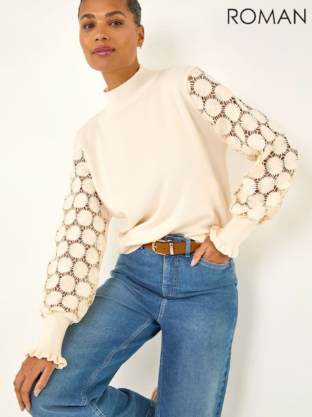 Roman White Crochet Ruffle Sleeve Knit Jumper (Y36974) | £48