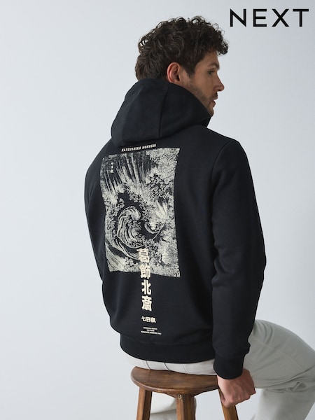 Black - Regular Hokusai Graphic Overhead Hoodie