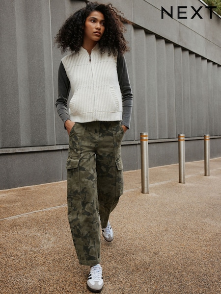 Khaki Green Camo - Barrel Leg Cargo Trousers