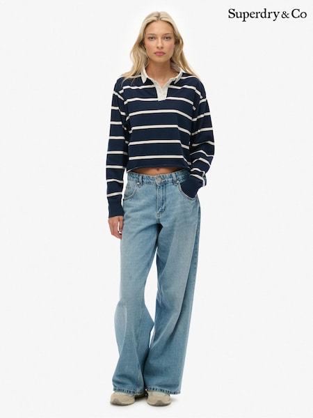 Superdry Blue Athletic Essentials Cropped Stripe Rugby Shirt (Y37412) | £35