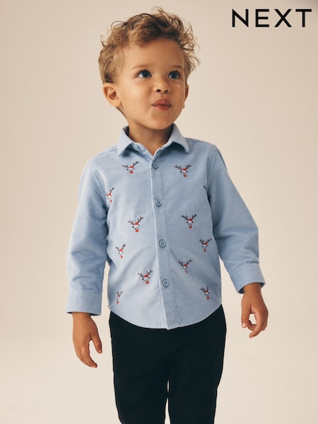 Pale Blue - Long Sleeve All Over Embroidery Christmas Shirt (3mths-10yrs)