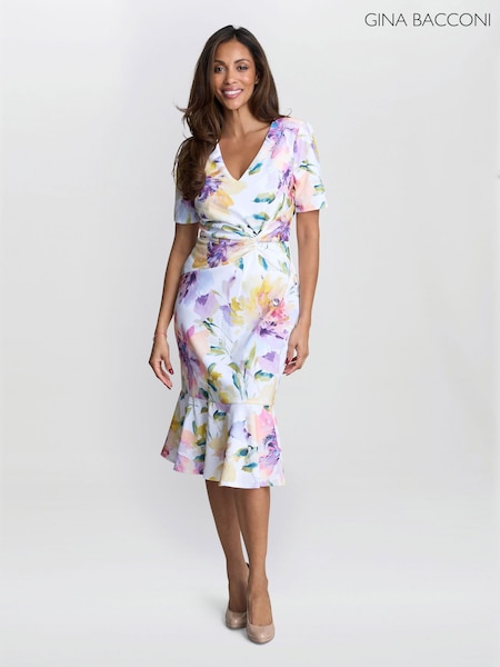 Gina Bacconi Joy Printed Crepe White Dress (Y37474) | £180