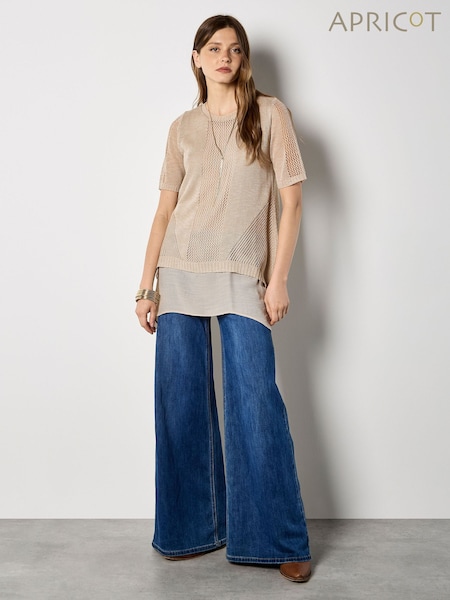 Apricot Natural Pointelle Knit Layered Tunic Top (Y37724) | £45