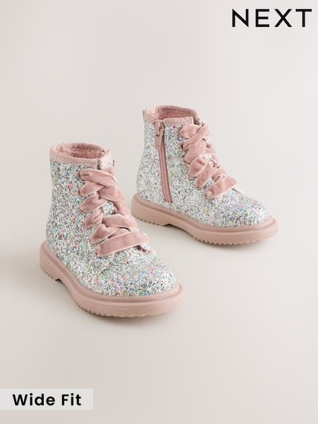 Silver/Pink Glitter - Lace Up Ankle Boots