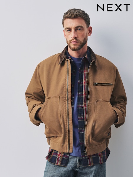 Tan Brown - Regular Shower Resistant Canvas Borg Lined Worker Jacket