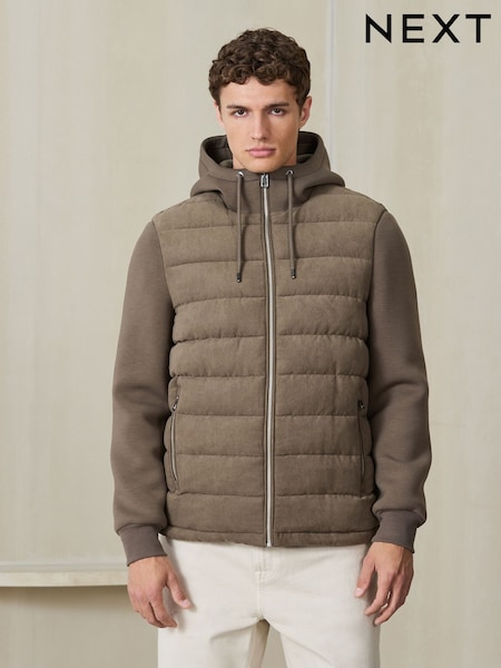 Neutral Faux Suede - Regular Smart Quilted Hybrid Hooded Jacket