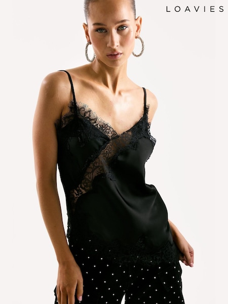 LOAVIES Midnight Bloom Lace Detail Satin Black Cami Top (Y38000) | £33
