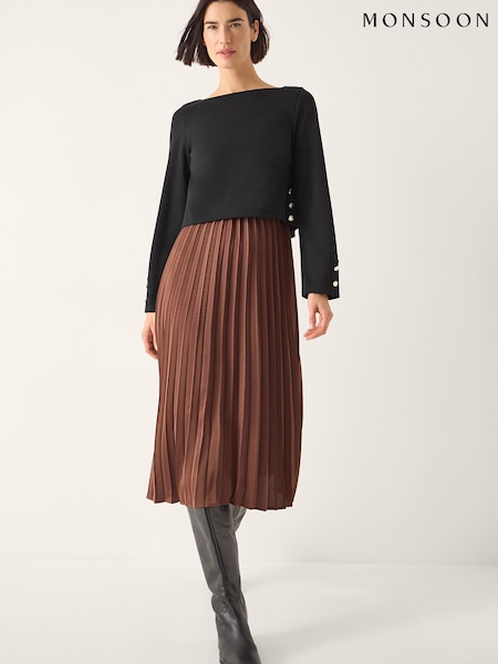 Monsoon Brown Flora Jersey Pleated Midi Dress (Y38030) | £75