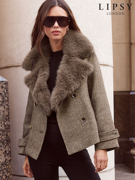 Brown - Lipsy Herringbone Fur Collar Jacket