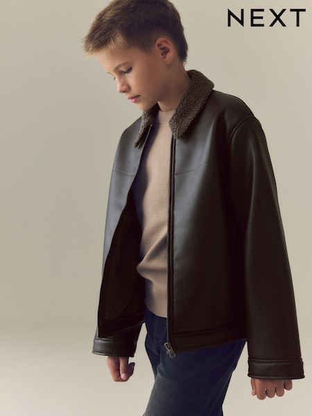 Brown - Borg Collared Faux Leather Jacket (3-16yrs)