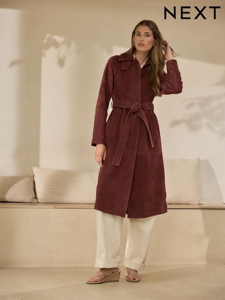 Tan Brown - N. Premium Suede Belted Trench Coat