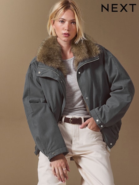 Charcoal Grey - Shower Resistant Padded Bomber Jacket With Faux-fur Collar
