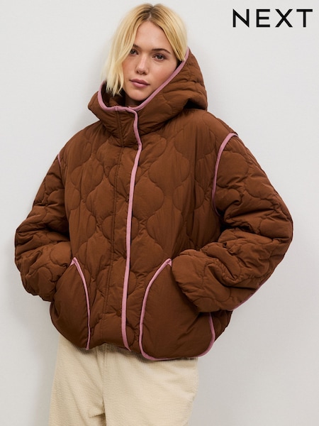 Tan Brown with Pink Piping - Lightweight Quilted Jacket