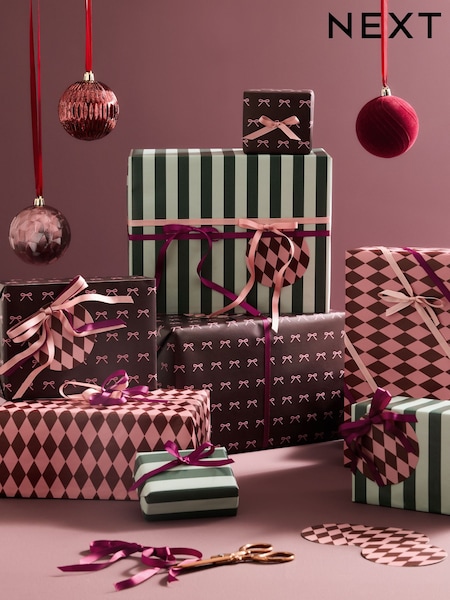 Set Of 3 Christmas Wrapping Paper Gift Tags And Ribbons Set
