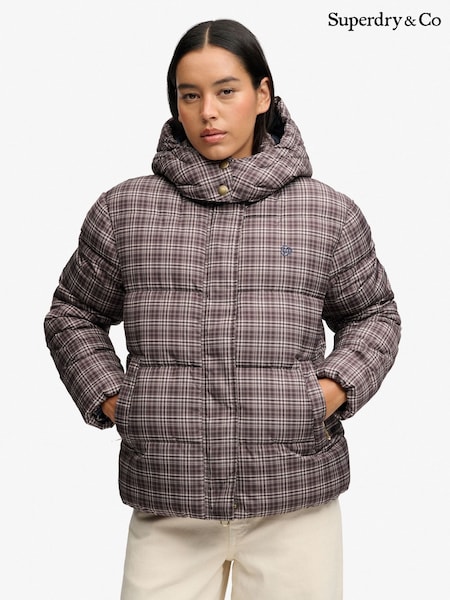 Brown Printed Check - Superdry Premium Hooded Puffer Jacket