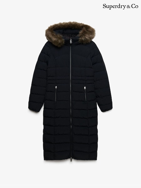 Black - Superdry Hooded Faux Fur Fuji Longline Jacket