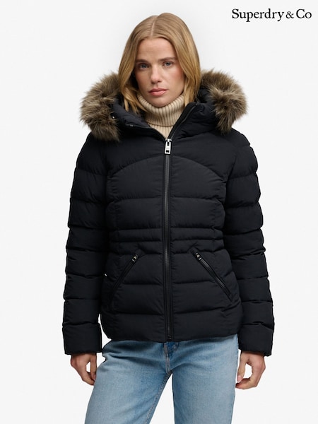 Black - Superdry Hood Faux Fur Fuji Padded Jacket