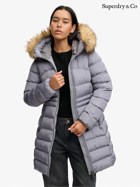 Grey - Superdry Hood Faux Fur Fuji Mid Length Jacket