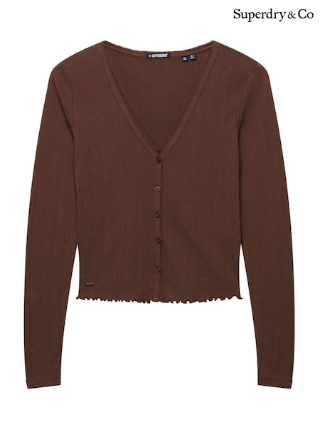 Brown - Superdry Athletic Essential Pointelle Cardigan