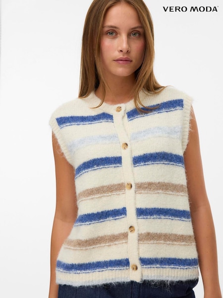 VERO MODA Cream Sleeveless Round Neck Stripe Knitted Vest (Y39036) | £32