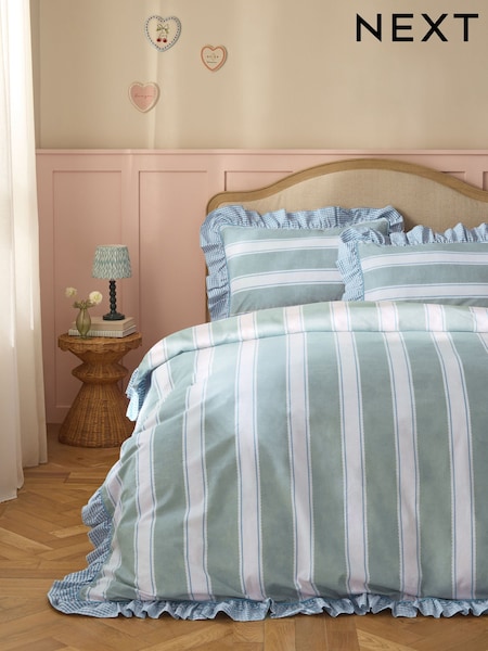 Stripe Decorator Frill Cotton Duvet Cover And Pillowcase Set