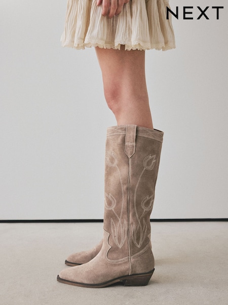 Taupe Brown - Forever Comfort® Leather Standard/wide Fit Suede Stitched Western Knee High Boots