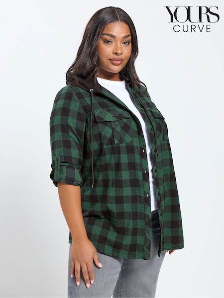 Yours Curve Green Hooded Check Shirt (Y39574) | £29