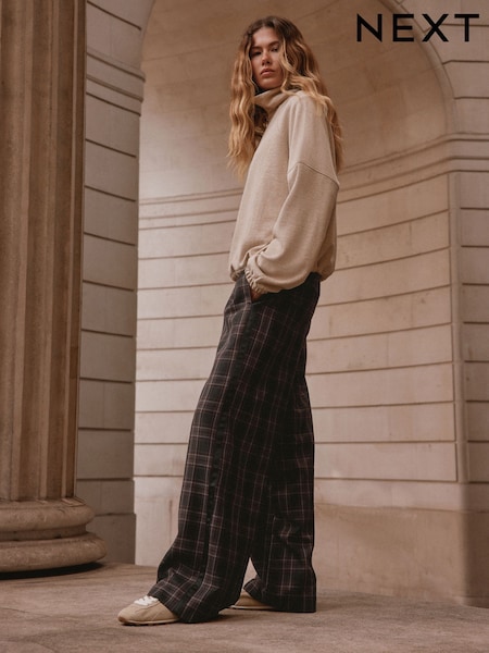 Black/Rust Check - Contrast Waistband Wide Leg Trousers
