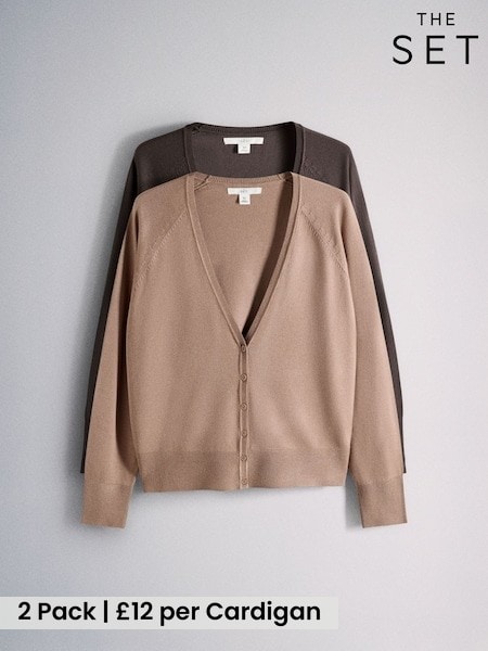Chocolate Brown/Camel Brown - The Set Fine Knitted V-neck Cardigans