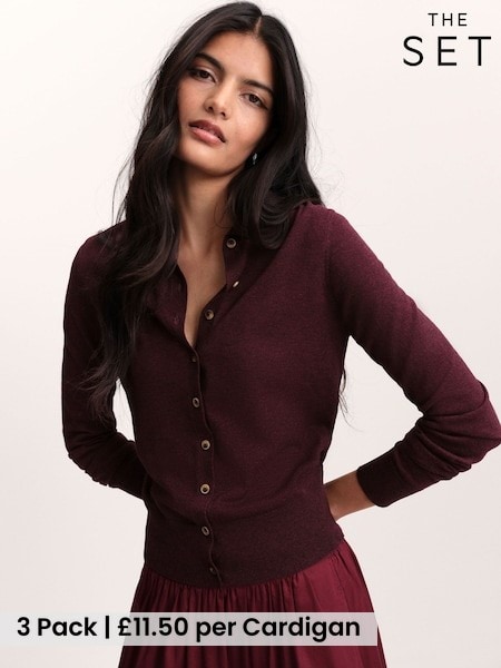 Charcoal Grey/Navy Blue/Bugundy Red - The Set 3 Pack Collared Cardigan With Wool