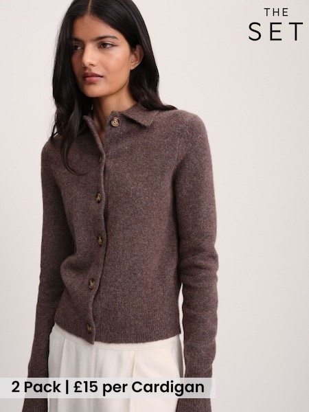 Navy Blue/Chocolate Brown - The Set 2 Pack Collared Cardigan With Wool