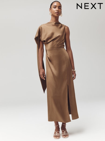 Bronze - Textured Satin Scarf Midi Dress