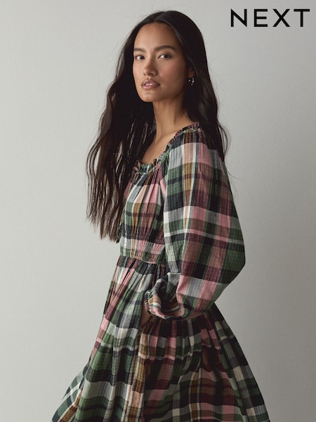 Green/Pink Check - Long Sleeve Square Neck Bow Midi Dress