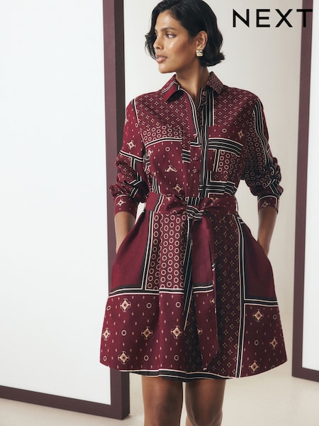 Burgundy Red Scarf Print - Long Sleeve Tie Waist Shirt Dress