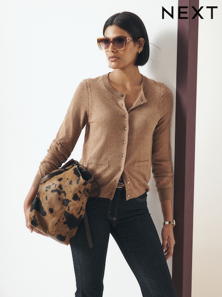 Camel Neppy - Soft Touch Cotton Rich Crew Neck Cardigan