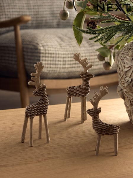 Set Of 3 Rattan Effect Stag Ornaments