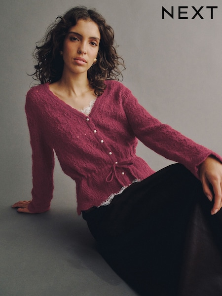 Dark Pink - Pointelle Knit Tie Waist Cardigan