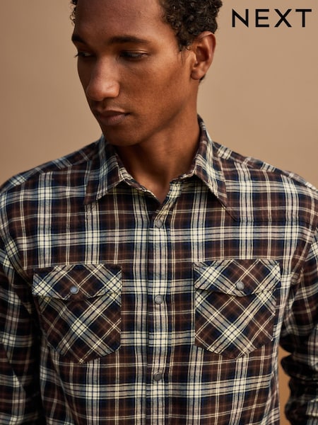 Chocolate Brown - Regular Western Styling Check Long Sleeve Shirt
