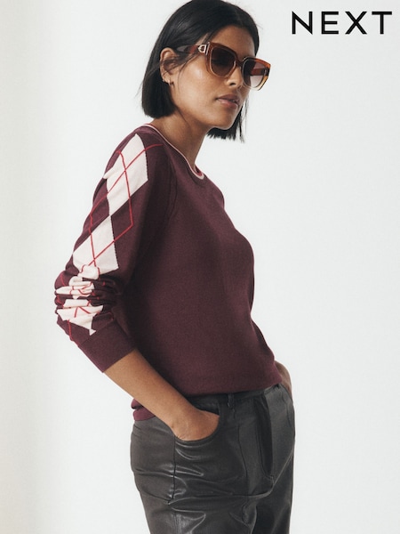 Berry Red Argyle - Cotton Rich Soft Touch Long Sleeve Crew Neck Jumper