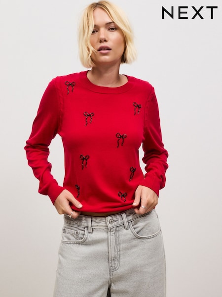 Red Embellished Bows - Cotton Rich Soft Touch Long Sleeve Crew Neck Jumper