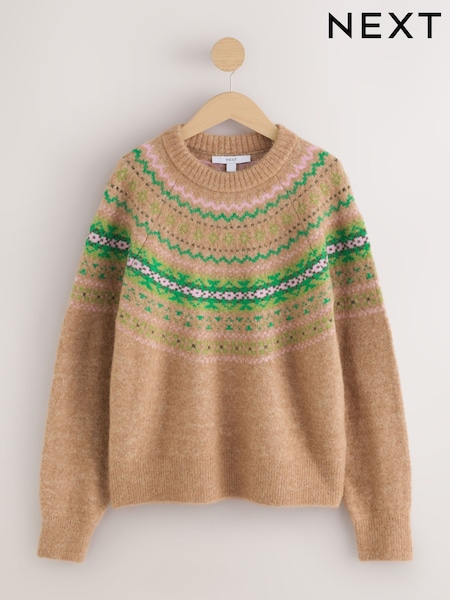 Camel/Green Fairisle - Long Sleeve Crew Neck Knitted Jumper With Wool