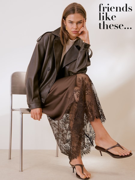 Brown - Friends Like These Asymmetric Lace Hem Satin Maxi Skirt