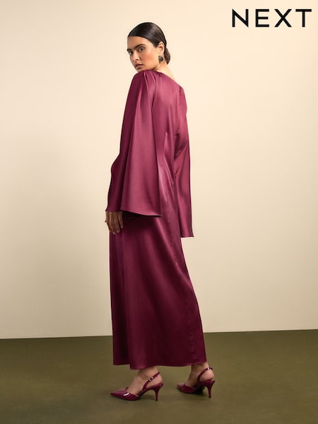 Burgundy Red - Twist Front Long Sleeve Satin Maxi Dress